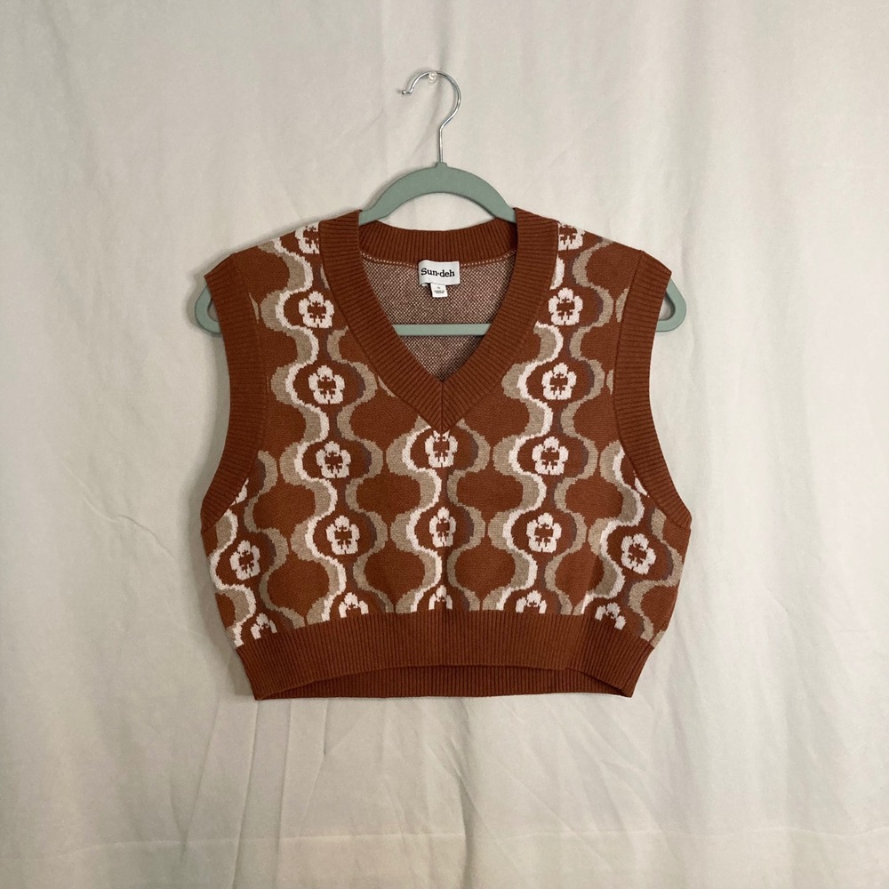 Sunday Best Aritzia Wool Blend Retro Floral Cropped Sweater Vest Brown S Boho